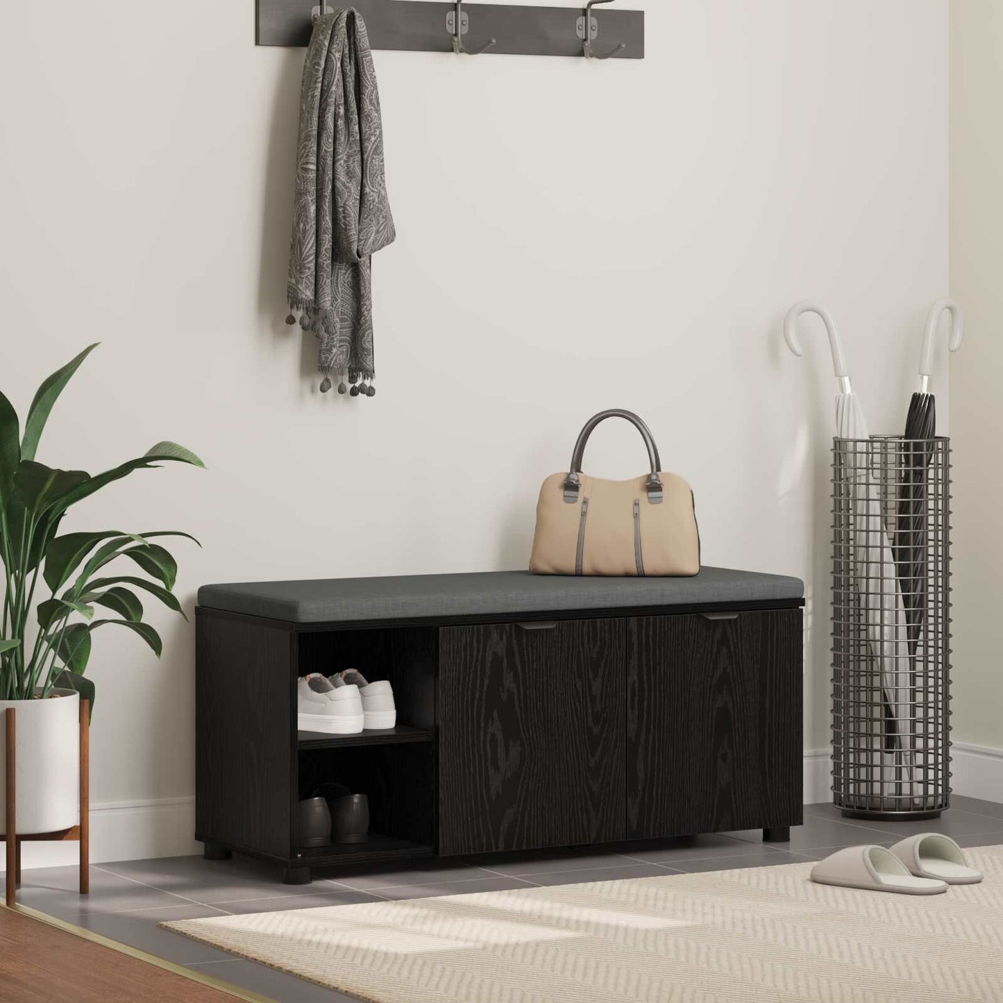 280680 - vidaXL Stol Korridori me Jastëk Lisi i Zi 100 x 38 x 46 cm Dru dhe Pëlhurë