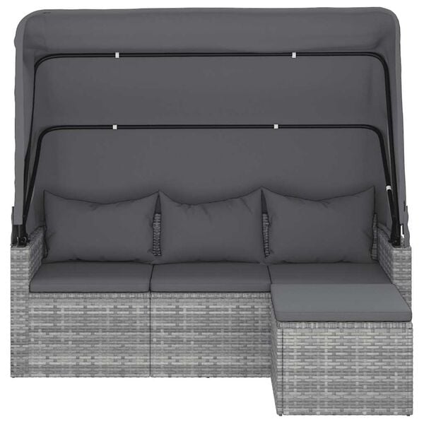 291209 - VIDA XL Divan Kopshti me 3 Vende me Çati dhe Mbështetëse Këmbësh prej Polietileni Ratan Gri