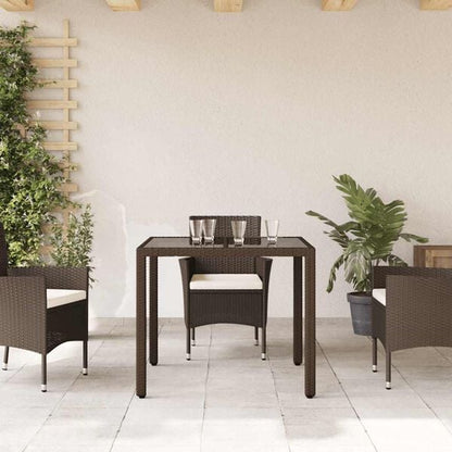 333229 - VIDAXL Tavolinë Kopshti me Sipërfaqe Qelqi Kafe 90x90x75 cm Poliestër Ratan