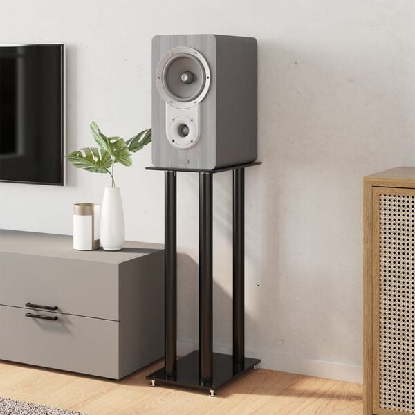 333492 - VidaXL Mbështetëse altoparlantësh 2 copë, xham i zi i temperuar, dizajn me 4 shtylla