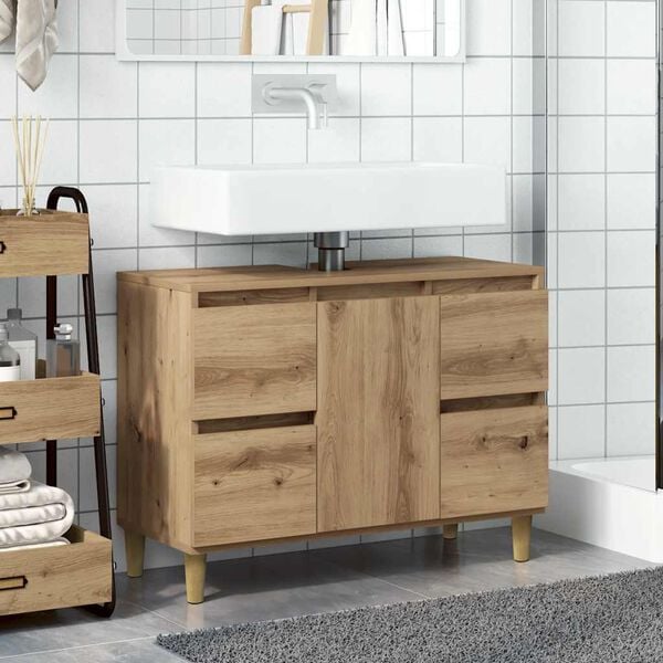 333579 - VIDAXL Dollap Lavamani Artizanal Lisi 80x33x60 cm Dru i Inxhinieruar