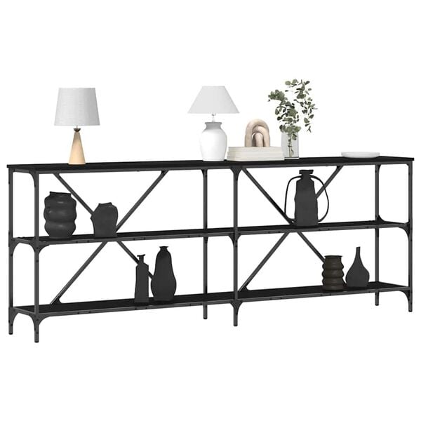 334514 - VIDAXL Tavolinë Konsole Lisi e Zezë 200x30x75 cm Dru dhe Hekur i Inxhinieruar