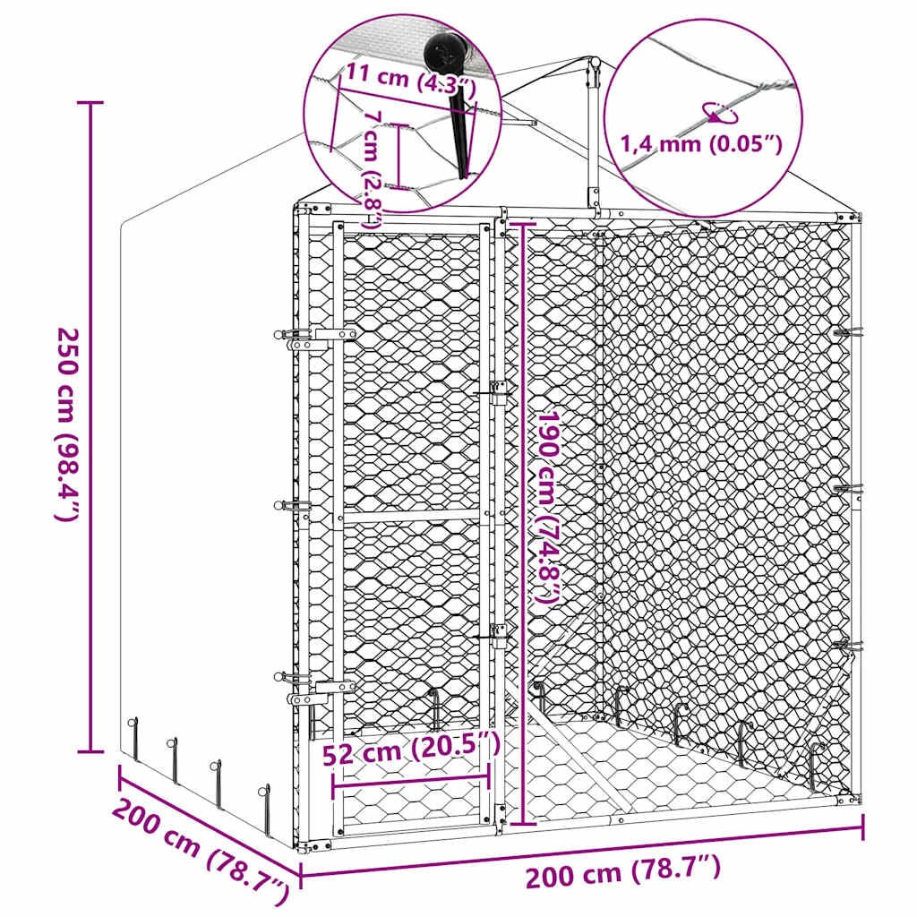 265042 - VIDA XL Kafaz Qeni për Jashtë me Çati 2x2x2,5 m Çelik i Galvanizuar Ngjyrë Argjendi