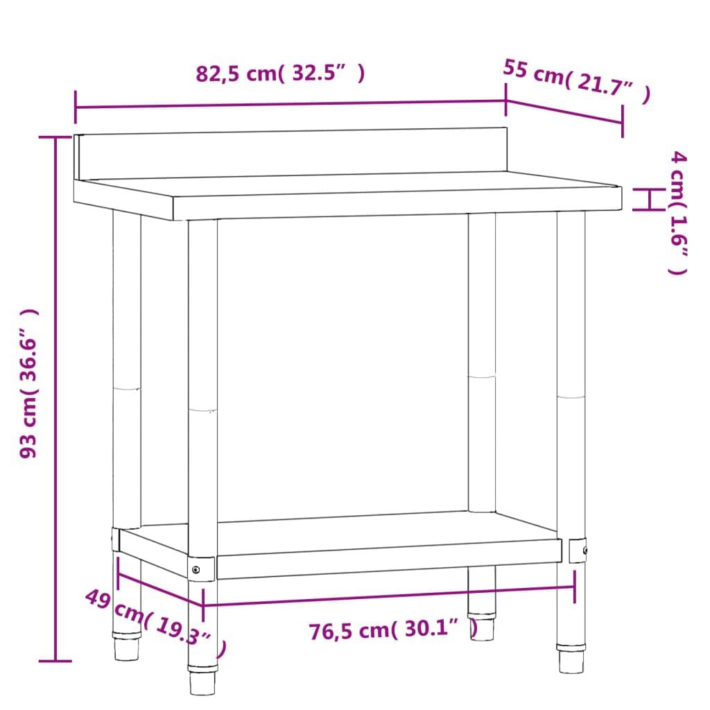 280280 - VIDA XL Tavolinë Pune Kuzhine me Spërkatje Prapa 82,5x55x93 cm Çelik Inoks