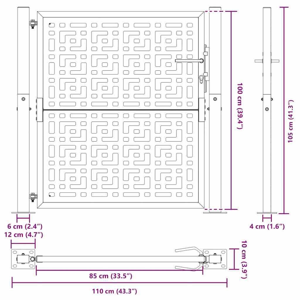 280357 - VIDAXL Portë Kopshti e Zezë 100x100 cm Dizajn Kryqi Çeliku