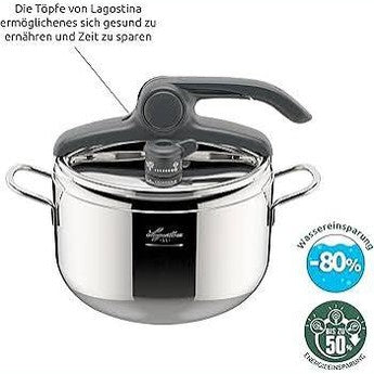 187085 - LAGOSTINA Tenxhere me Presion me Kontroll Rrezor 5L, çelik inox 18/10, Ø 22 cm, Përshtatshme për Induksion dhe Gaz, Kapak me Hapje të Lehtë, Fund me Tre Shtresa 'Irradial Plus'