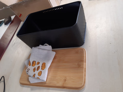 222079 - Royouzi Kuti buke me dërrasë prerëse, 33x21x15cm, përfundim mat, kapak druri, qese buke prej liri, e zezë