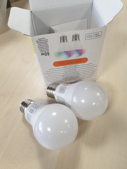 172364 - AMAZON BASICS Llambë LED Inteligjente E27, 8W (Ekuivalente me 60W), e Shumëngjyrëshme, Pako me 2, Funksionon Vetëm me Alexa