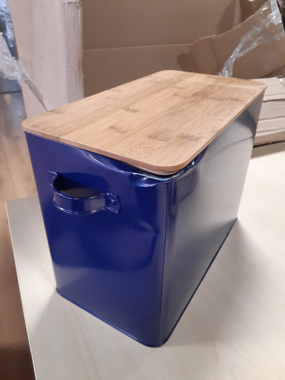 208454 - HEROGO Kutia e Bukës Metalike me Kapak Druri, Zgjatje e Madhe për 2 Bukë, E përshtatshme për Mbarështim të Hapësirës së Kuzhinës, Madhësia 33 x 18 x 24.5 cm, Blu