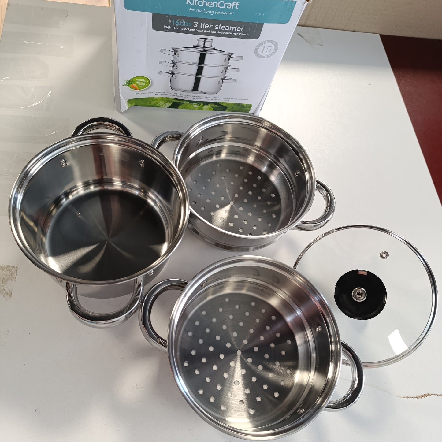 183776 - KITCHENCRAFT Set Enësh Gatimi 3-Pjesë, Avullues/Tenxhere për Supë me 3 Nivele, i Sigurt për Induksion, Çelik Inox, Në Kuti Dhurate, 16 cm, Argjendi
