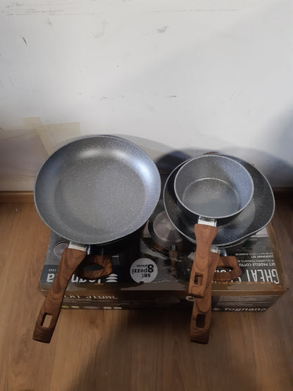 160664 - TOGA GREAT Set 8 Pjesësh i tenxhereve dhe tiganëve prej Guri, përfshijnë 2 Tiganë, 3 Tenxhere, 3 Kapakë Transparentë, Materiali Alumini, Ngjyra Gri