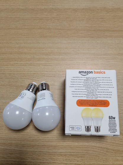 210417 - AMAZON BASICS Llambë LED Inteligjente me Errësim, E27, E Bardhë e Butë, 8W (ekuivalent me 60W), Pako me 2, Funksionon Vetëm me Alexa