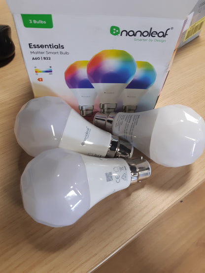 260364 - NANOLEAF Matter Essentials, 3 llamba LED inteligjente RGBW B22, llamba LED Bluetooth me 16 milionë ngjyra, Sinkronizim ekrani, Funksionon me Google Home dhe Apple