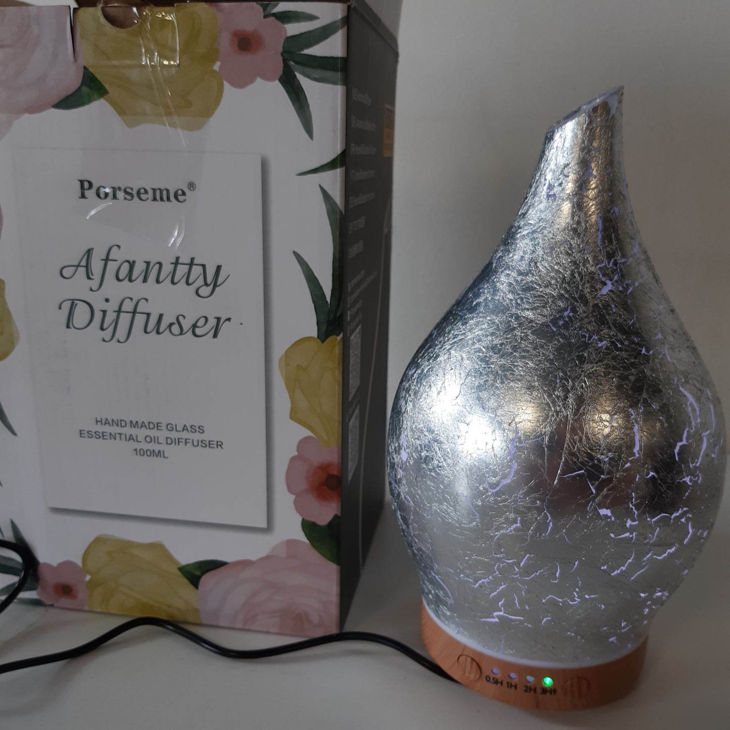 261077 - PORSEME Difuzues Arome 150ml, Lagështues Qelqi i Fryrë me Dorë, Difuzues Vajrash Aromaterapie Ultrasonik me 7 Drita LED me Ngjyra, Kohëmatës, Pa BPA, i veshur me argjend