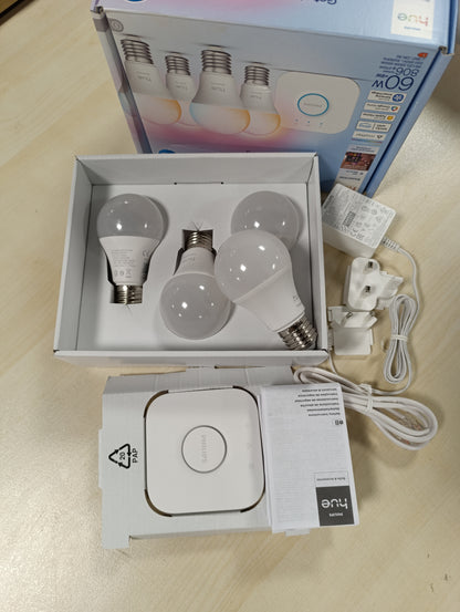 250122 - PHILIPS Hue Kit fillestar thelbësor: Ura + 4 llamba E27, dritë LED 2200-6500K, llamba me errësim, funksionon me asistentë zanorë