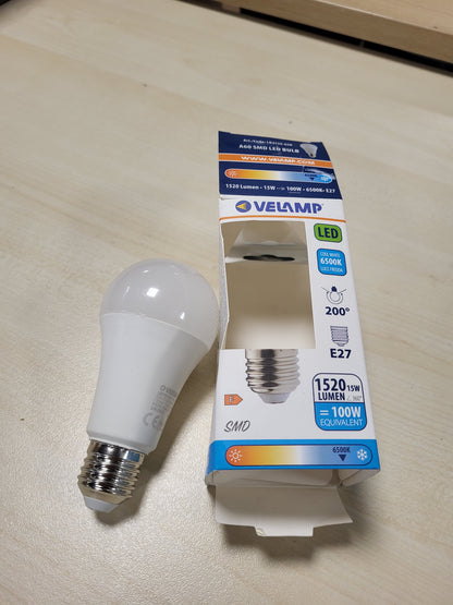 258461 - VELAMP Llambë LED A60, Mbulesë opali, Bazë E27, Fuqi 15W ekuivalente me 100W, Shkëlqim 1521lm, Temperatura ngjyrës 6500K