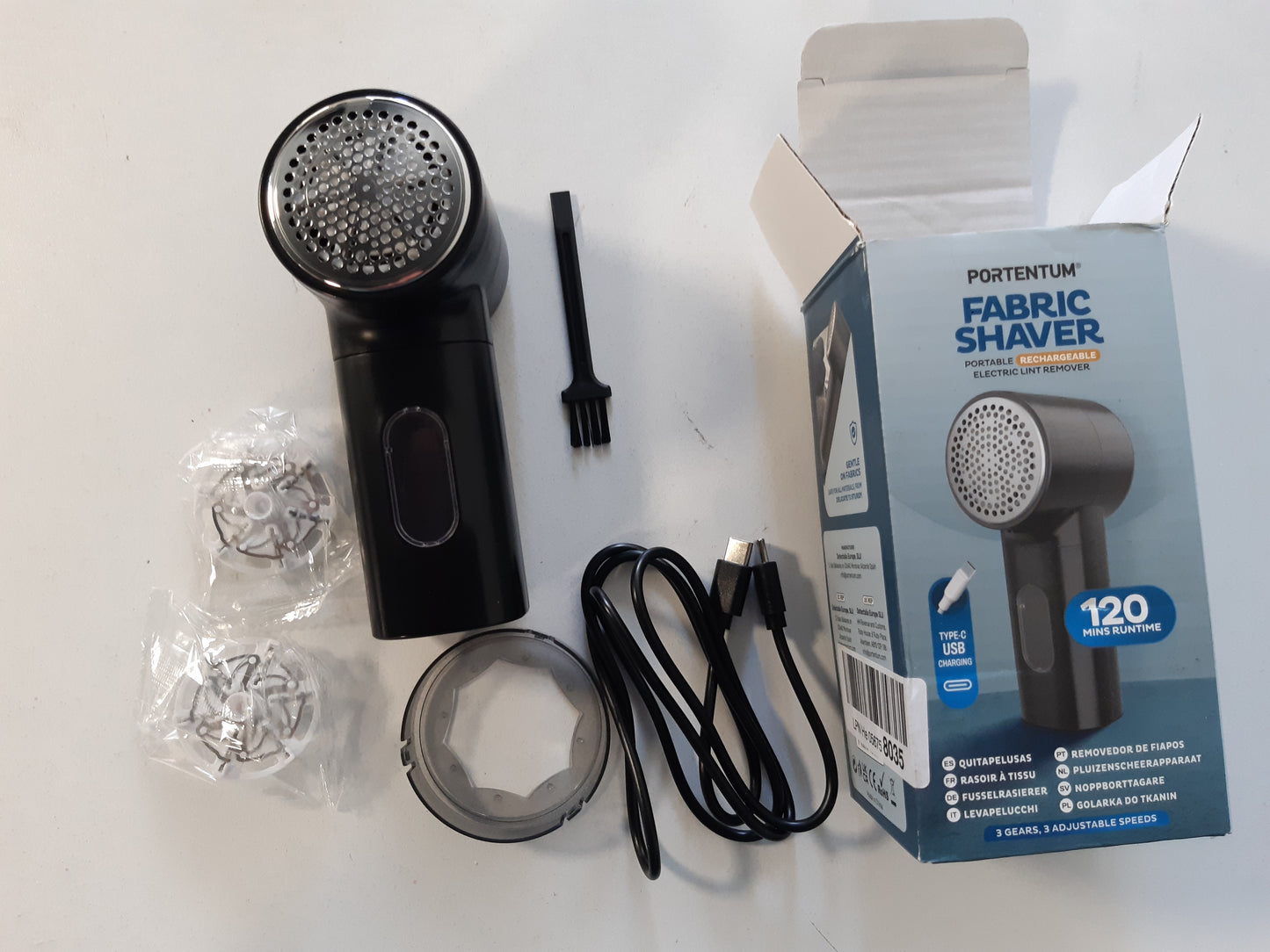206367 - PORTENTUM Heqës Pushi Elektrik - Ekran LED, 3 Shpejtësi Deri në 9,000 RPM, 6 Tehe, Jetëgjatësi Baterie 2 Orë, i Rikarikueshëm USB C, Përdorim për Rroba dhe Pëlhura shtëpiake, Kompakt dhe i Fuqishëm
