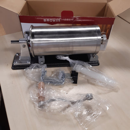 250352 - BROWIN® Mbushës manual për salçiçe prej çeliku inox, 3 kg, makinë horizontale për kuzhina dhe restorante, presë për salçiçe