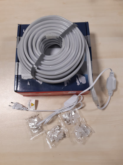 234996 - BAGZY Shirit LED Neoni 20M për Jashtë, 230V, 120 LED/M, i papërshkueshëm nga uji, me Furnizim me Energji dhe Kontrollues (i Bardhë)