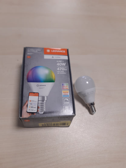 252737 - LEDVANCE SMART+ MATTER Llampa LED, e pajtueshme me Google, Alexa, Apple, ngjyrë e bardhë e ngrirë, 4.9W, 470lm, E14, dritë me ngjyra dhe e bardhë, kontroll me aplikacion ose me zë, jetëgjatësi deri në 20,000 orë