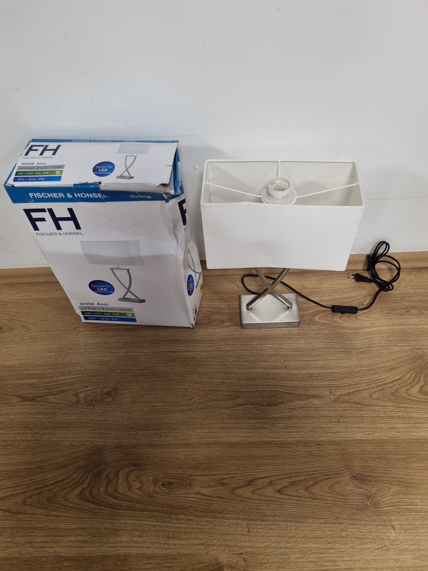 239438 - FISCHER & HONSEL Llambë tavoline Anni me abazhur pëlhure dhe kornizë metali nikel mat dhe të bardhë prizë E27 27x12x51cm
