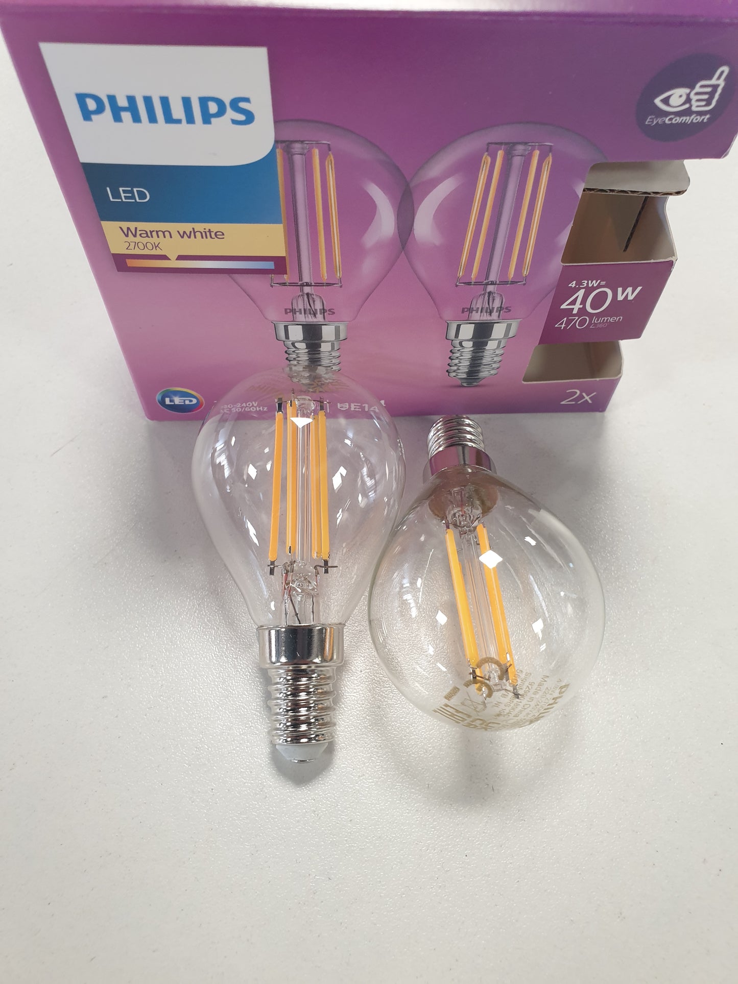 168897 - PHILIPS - Llambë LED me 2 Llamba, Dritë e Bardhë e Ngrohtë, E14, 40W, Transparente, Llambë Filamenti