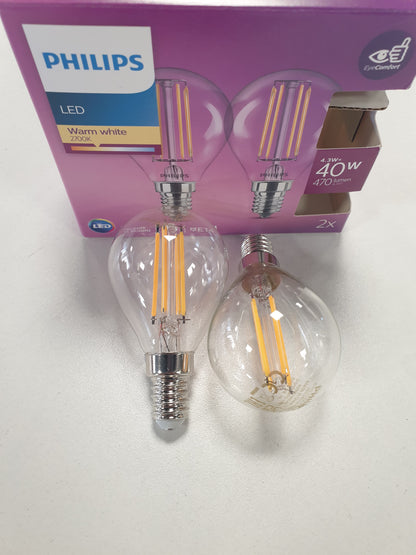 168897 - PHILIPS - Llambë LED me 2 Llamba, Dritë e Bardhë e Ngrohtë, E14, 40W, Transparente, Llambë Filamenti