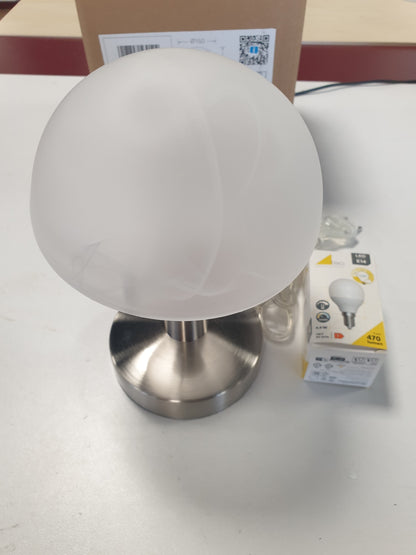 246485 - TRIO LIGHTING Llambë tavoline LED Fynn II 599110107, metal nikel mat, xham alabastër i bardhë, përfshirë 1x E14 LED 4.9 Watt, funksion Touch-Me, lartësi 21 cm