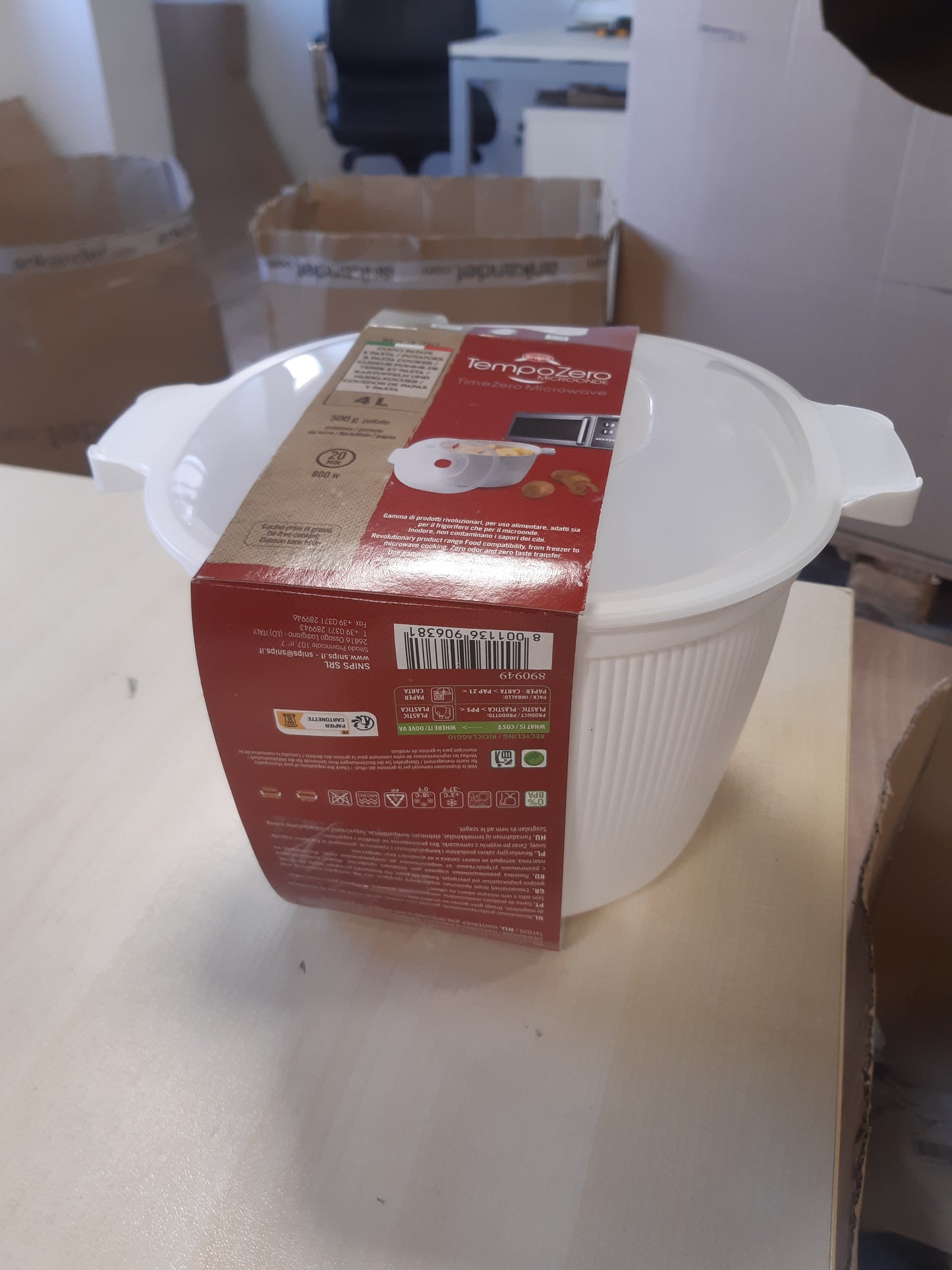 247718 - SNIPS Tas për makarona në mikrovalë 4L, Tenxhere patatesh 26.5x22x16.5 cm, Avullues për patate me kapak dhe doreza, e bardhë, e sigurt për lavastovilje, e prodhuar në Itali