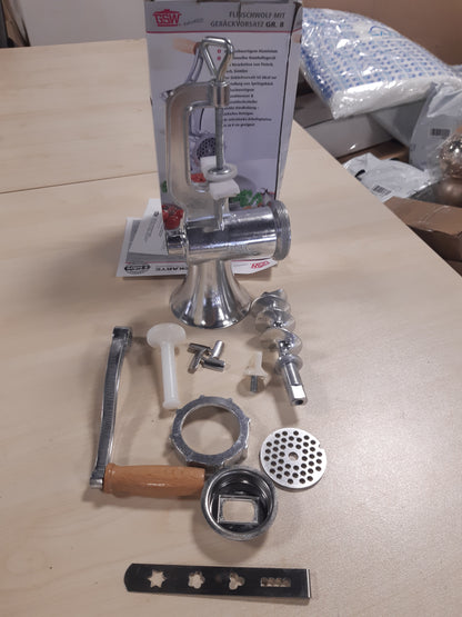 219165 - GSW Mulli mishi Madhësia Nr. 8, çelik inox, për mish dhe perime, përfshin aksesorin e pjekjes dhe guaskën, Alumini, Argjendi