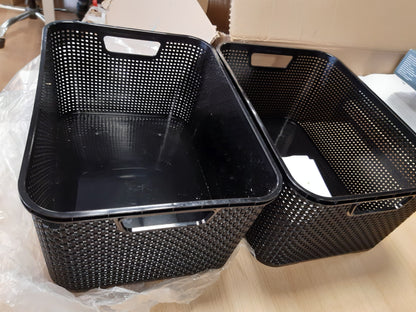 201089 - BRANQ - Shportë e Setit prej 2 copëve me Dizajn Ratani, Madhësia L (19 l), Plastikë PP pa BPA, e Zezë, 38x27.8x18.5 cm