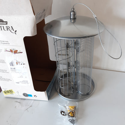 228036 - Dehner Natura Premium Ushqyes i trefishtë për zogj të egër, stacion ushqimi 3-në-1, ushqyes i qëndrueshëm ndaj kushteve atmosferike, Ø 22 cm, lartësi 36.5 cm, metal, argjend