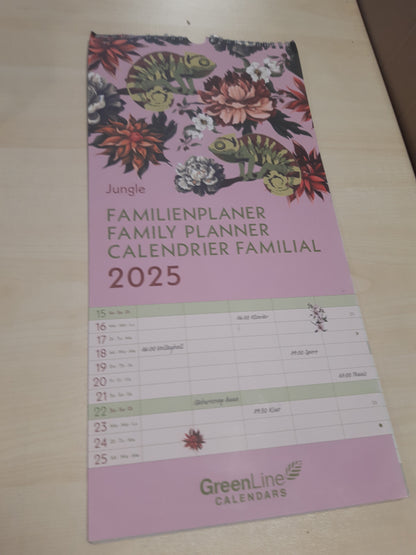 190088 - GREENLINE - Planifikues Familjar Jungle 2025, 22x45cm, Kalendar në 5 Kolona për Organizim Familjar, Pushimet Shkollore dhe Oraret, me Lidhje Spirale