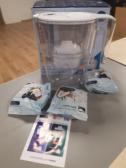 226684 - PHILIPS Ujë Filtër Uji +4 Shije, 2.6 L, rrjedhje e shpejtë, filtra për klorin, gurgurin, metale të rënda dhe mikroplastika