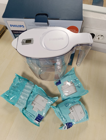 226885 - PHILIPS Enë Filtri Uji + 4 Fishekë Filtri Zëvendësues, Rrjedhje e Shpejtë, Kohëmatës Elektronik, Zvogëlon Fortësinë e Ujit deri në 50 Përqind, 2.6 L
