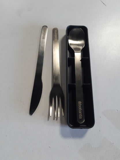 229860 - BRABANTIA - Set takëmesh për udhëtim me kuti - Thikë, lugë dhe pirun - Dizajn kompakt - Çelik inox - Mund të lahet në lavastovilje - Set takëmesh udhëtimi për 1 person - Gri e errët