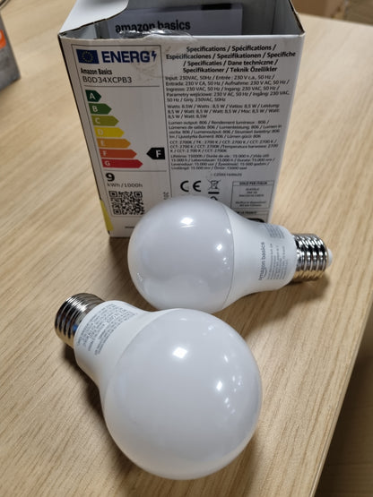 168510 - AMAZON BASICS Llampa LED Inteligjente me Errësim, E27, e Bardhë e Butë, 8W (Ekuivalent me 60W), Funksionon Vetëm me Alexa, Pako Prej 2