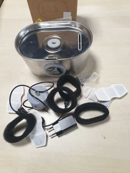 214872 - INVENGO Shatërvan për Mace prej Çeliku, Dispenser Automatik 2.2L për Mace dhe Qen, Shatërvan i Heshtur me Filtër 5 Shtresa, Dy Priza Uji - 4 Filtra + 4 Sfungjerë