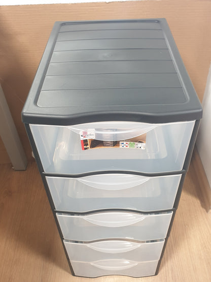 214183 - SUNDIS Kuti plastike për sirtarë, 5 sirtarë transparentë në madhësi letre A4, lartësi 61 cm