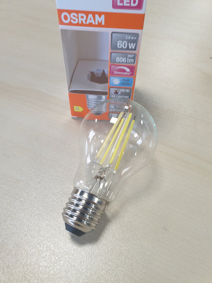 248718 - OSRAM Llampa LED me errësim, Formë llambë klasike, E bardhë e ftohtë, Ekuivalente me 60W