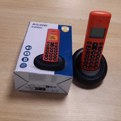 266661 - ALCATEL E260 - Telefon pa tel DECT, Dizajn kompakt, Ekran i madh me ndriçim nga prapa, Pa duar, Funksion bllokimi i thirrjeve të padëshiruara, E kuqe