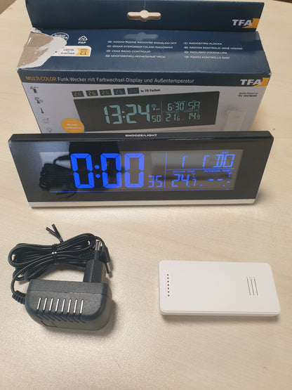 217557 - TFA DOSTMANN Orë alarmi dixhitale me shumë ngjyra me ndryshim ngjyre (70 nuanca), 60.2548, funksion karikimi për telefona inteligjentë (USB), temperaturë e jashtme, funksion shtyrjeje, plastikë, e zezë
