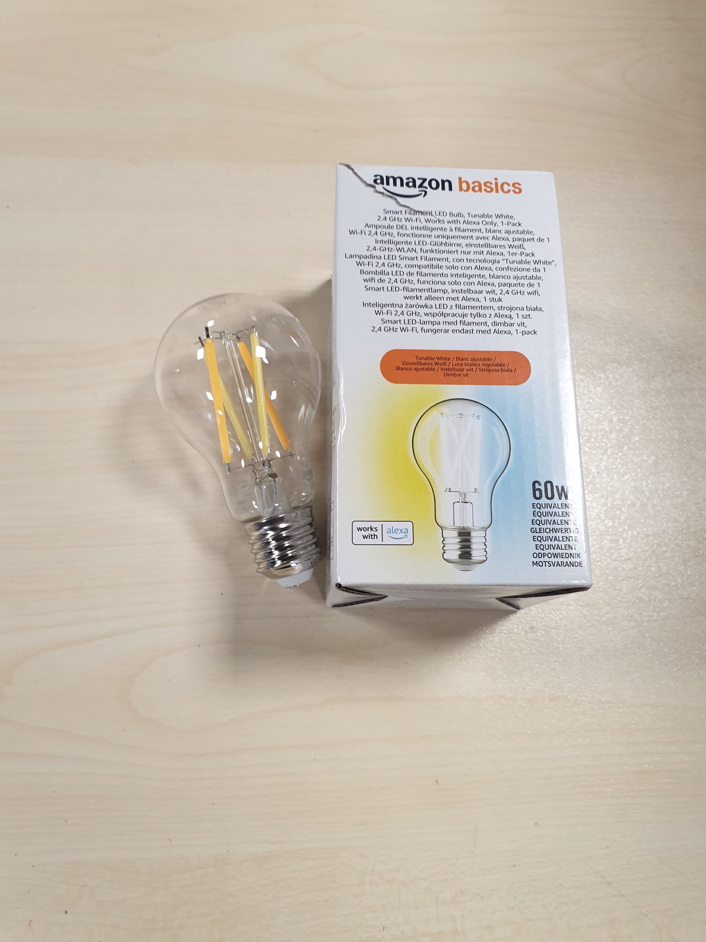 263723 - AMAZON BASICS LLAMBË ME FILAMENT LED INTELIGJENTE A60, TONE TË BARDHA TË RREGULLUESHME, WI-FI 2.4 GHZ, FUNKSIONON VETËM ME ALEXA, 1 PAKO, KLASA E ENERGJISË E