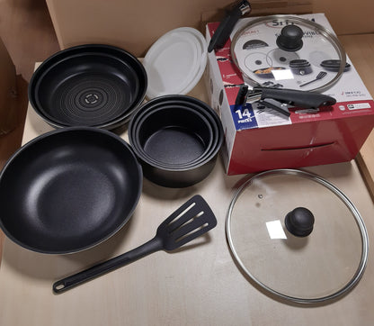250124 - SITRAM Set enësh gatimi 714946 me 14 pjesë, alumini i zi, 2 doreza të lëvizshme, 1 wok (28 cm), 2 tiganë (24 cm dhe 28 cm), 3 tenxhere (16 cm, 18 cm, 20 cm), 2 kapakë qelqi (24 cm dhe 28 cm), 3 kapakë plastikë (16 cm, 18 cm, 20 cm)