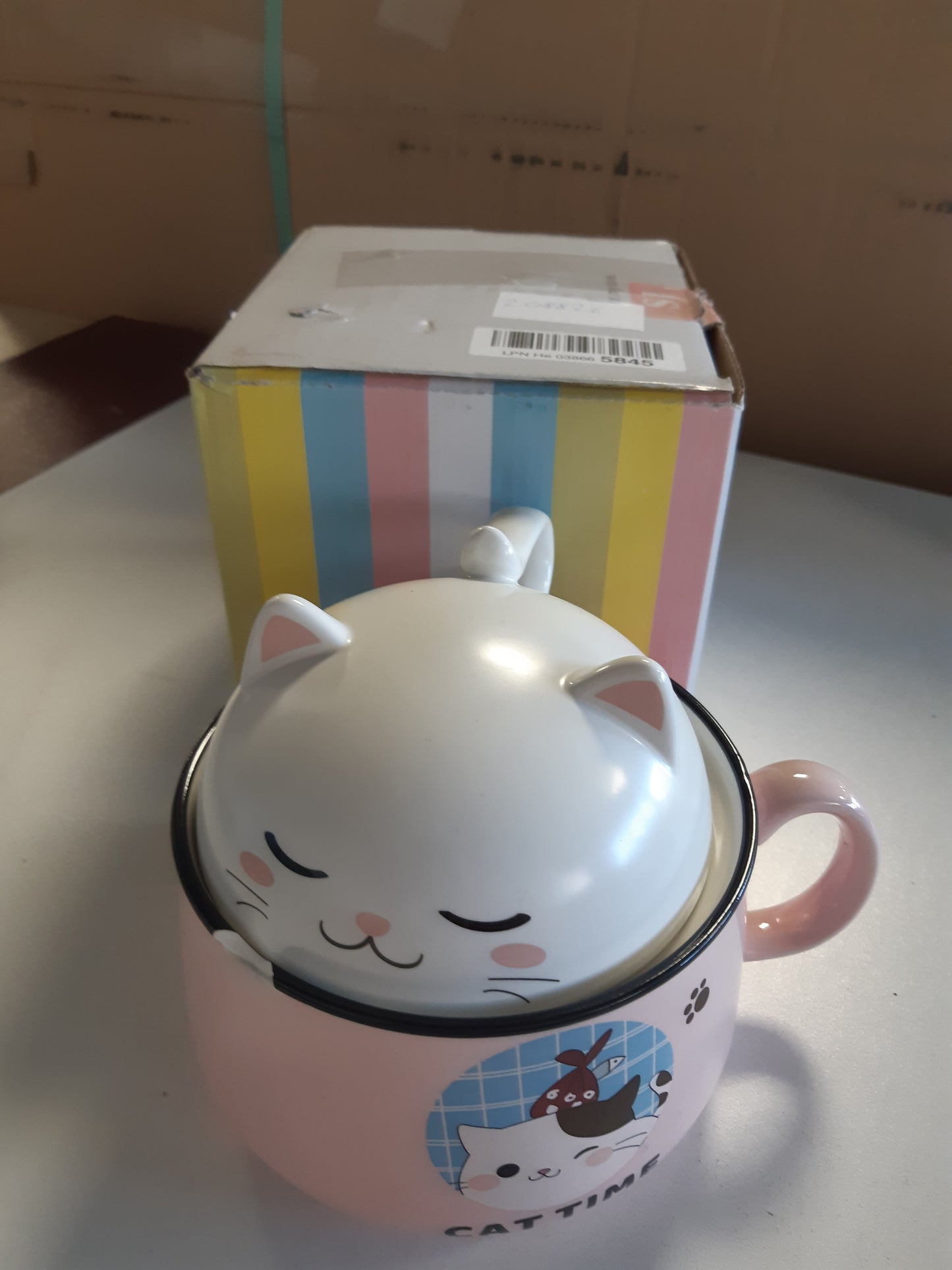 208826 - LACHINEUSE - Tas Supë Ramen Kawaii Macja me Kapak 1020ml, Tas Makaronesh me Dorëzë, Materiali: E Verdhë