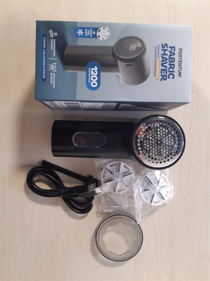 137720 - PORTENTUM Heqës Pushi Elektrik - Ekran LED, 3 Shpejtësi, 9,000 RPM, Teh 6-Fletë, Jetëgjatësi e Baterisë 2 Orë, Riciklueshmëri me USB C, Fuqia e Kompaktit për Rroba dhe Pëlhura Shtëpiake