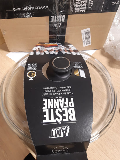 141685 - Kapak universal prej xhami AMT për tenxhere, wok dhe tigan Ø 28 cm, i ri.