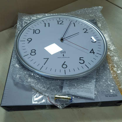 251752 - TFA DOSTMANN Orë muri analoge me radio, saktësi e lartë, e bardhë/argjendtë, model 60.3514, për kuzhinë, dhomë ndenjeje, zyrë, 330 x 50 mm
