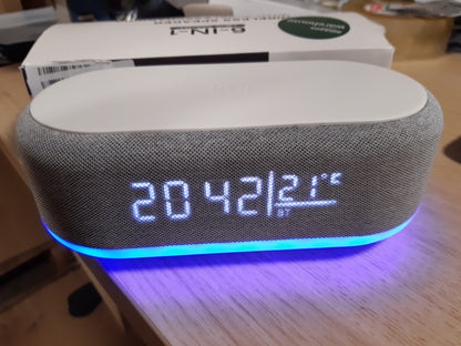 240417 - ORË DIXHITALE me zile, 15W, karikim pa tel për iPhone/Samsung, altoparlant Bluetooth, 9 ngjyra, ekran temperature