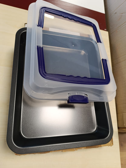 262176 - Relaxdays Tepsi Pjekjeje me Kapak, Kuti Transporti për Torta 3 në 1, BT 40.5 x 32.5 cm, E Zezë/Blu